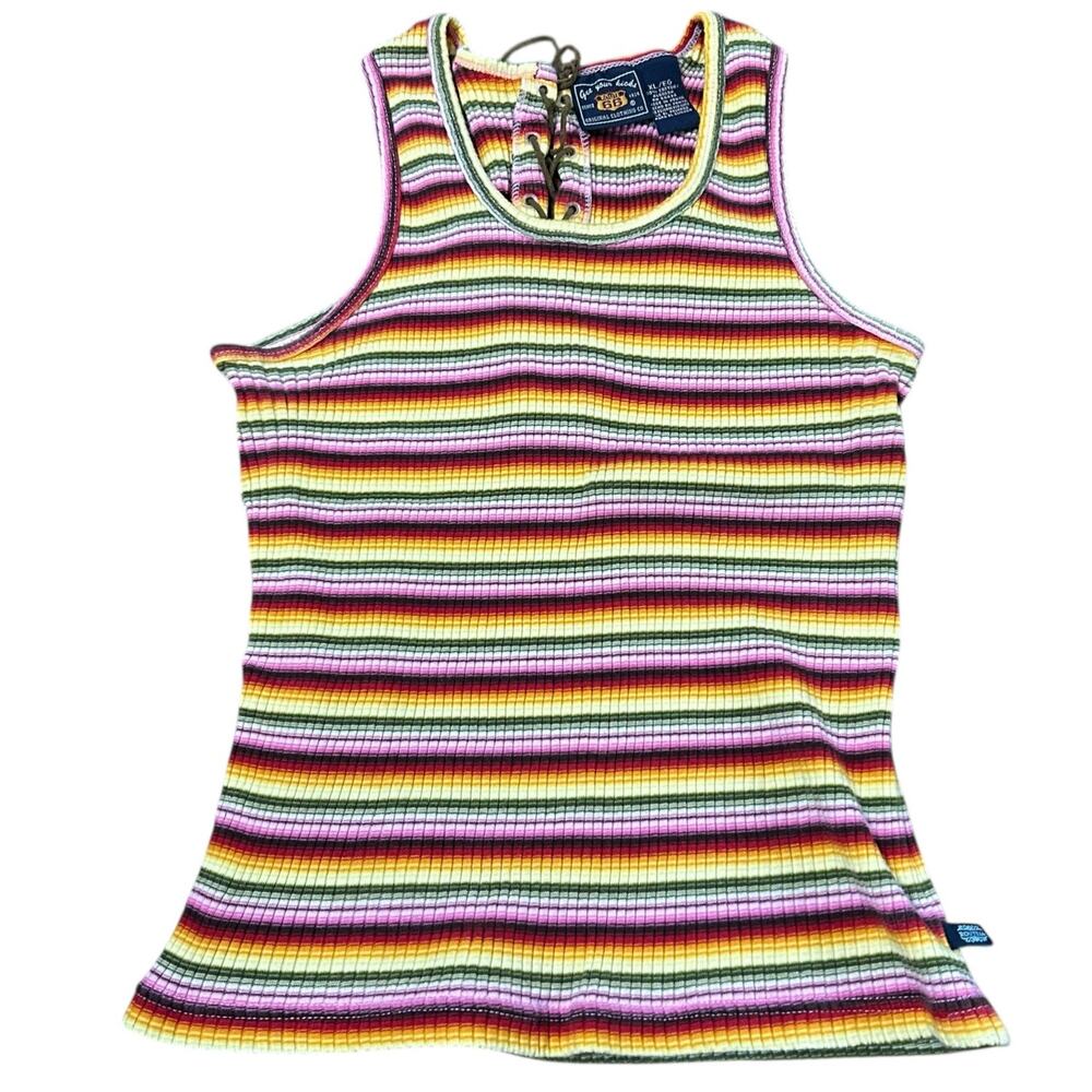 Y2K Route 66 Lace Up Boho Tank Womens XL Striped Multi Colored Skater Streetwear